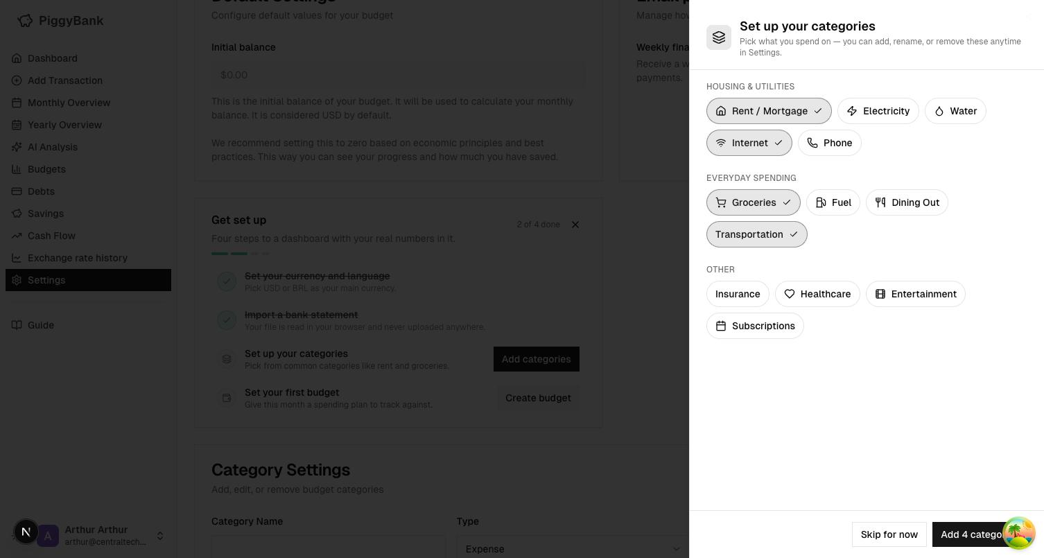 Grouped category picker with common categories pre-checked