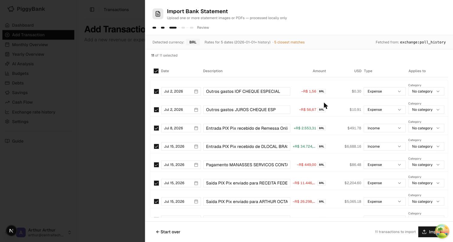 Bank statement import review table